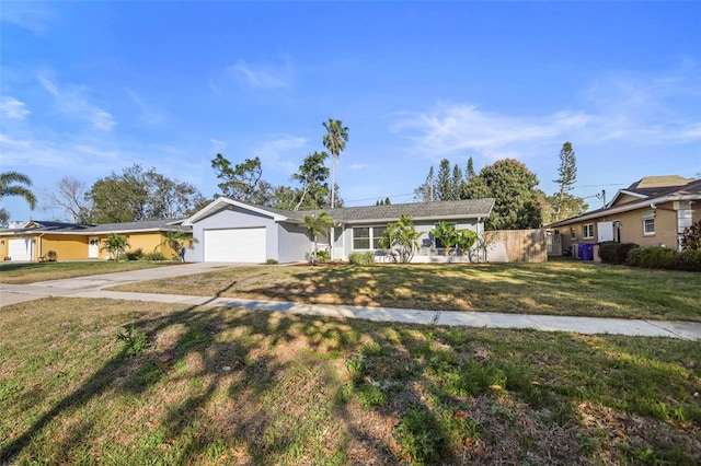 ranch-style house with concrete driveway, an attached garage, fence, and a front yard