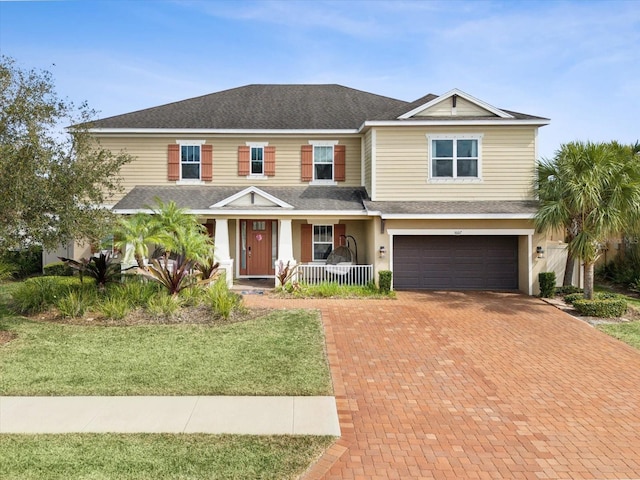 view of front of property with covered porch, a front lawn, decorative driveway, and an attached garage