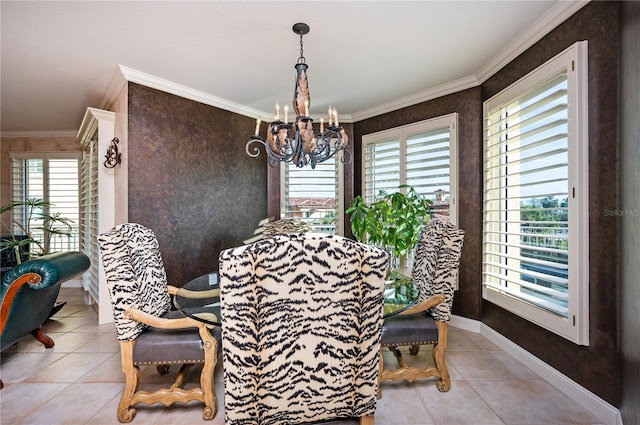 dining space with light tile patterned flooring, a chandelier, and ornamental molding