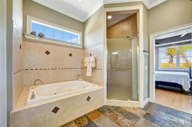 full bathroom with stone tile floors, ornamental molding, a tub with jets, ensuite bathroom, and a shower stall