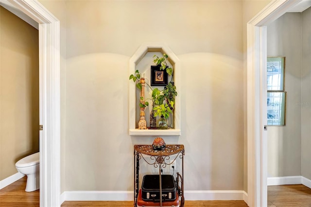 interior space with wood finished floors, toilet, and baseboards