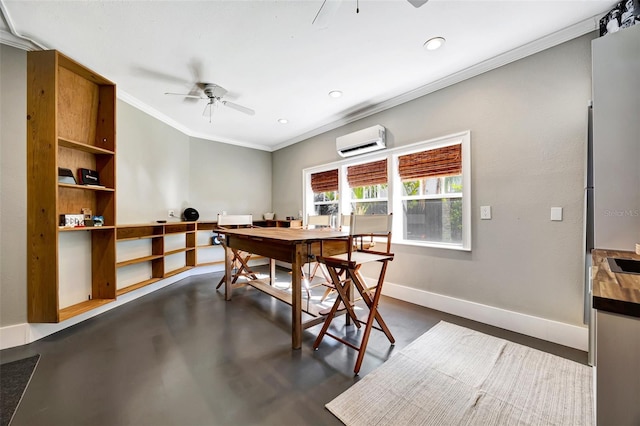 dining area with finished concrete floors, ornamental molding, baseboards, and a wall mounted AC