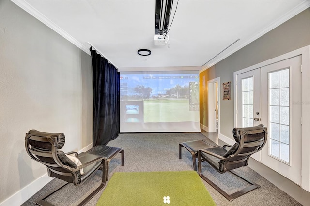 living area with ornamental molding, french doors, carpet floors, and baseboards