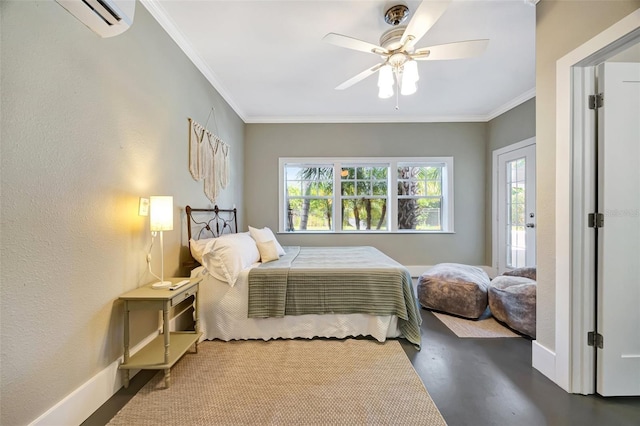 bedroom featuring an AC wall unit, ornamental molding, a ceiling fan, and baseboards