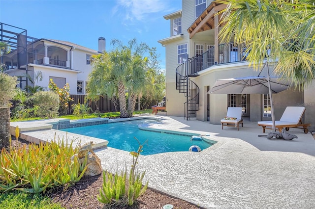 view of pool with stairs, a patio, fence, and a fenced in pool