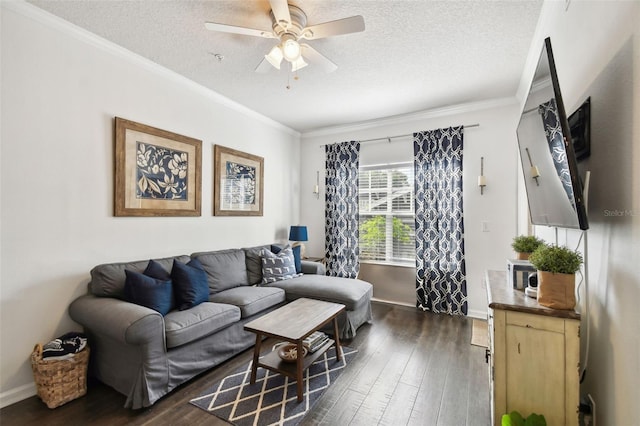 living area featuring dark wood-style floors, ceiling fan, ornamental molding, and a textured ceiling