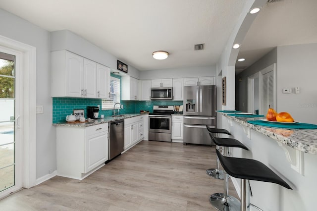 kitchen featuring visible vents, decorative backsplash, white cabinets, stainless steel appliances, and a sink