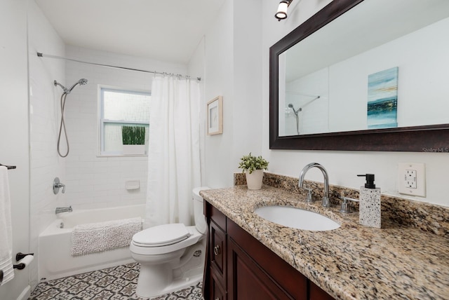 bathroom featuring vanity, toilet, and shower / tub combo with curtain