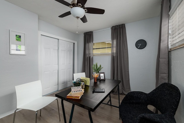 office space featuring ceiling fan and wood finished floors