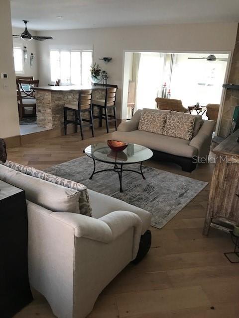 living room featuring light wood-type flooring and ceiling fan