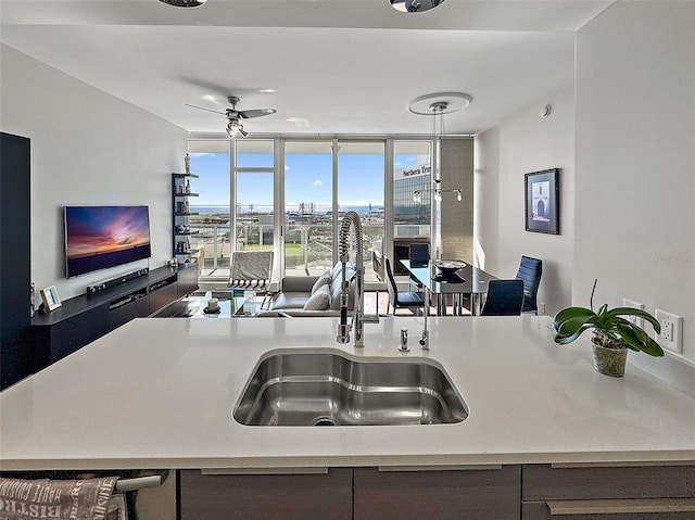 kitchen with ceiling fan, sink, and a wall of windows