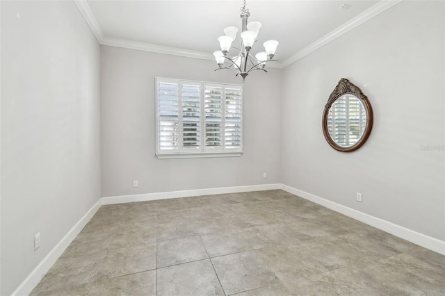 unfurnished room featuring a chandelier and crown molding