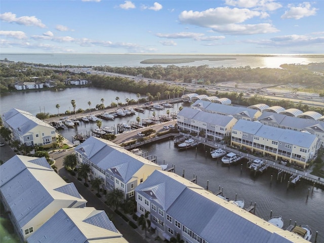 bird's eye view with a water view