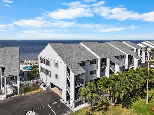 aerial view featuring a water view