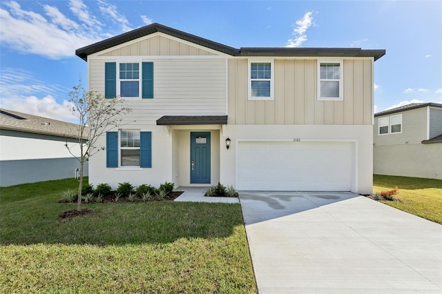 view of front facade with a garage, board and batten siding, a front lawn, and concrete driveway