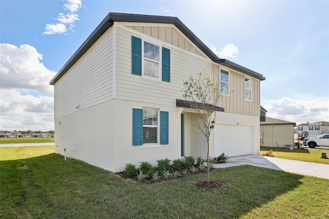 view of front of house featuring driveway, an attached garage, a front lawn, and board and batten siding