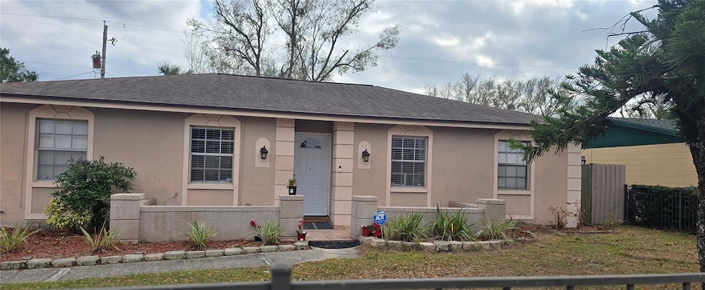 view of front of house featuring a shingled roof, a fenced front yard, and stucco siding