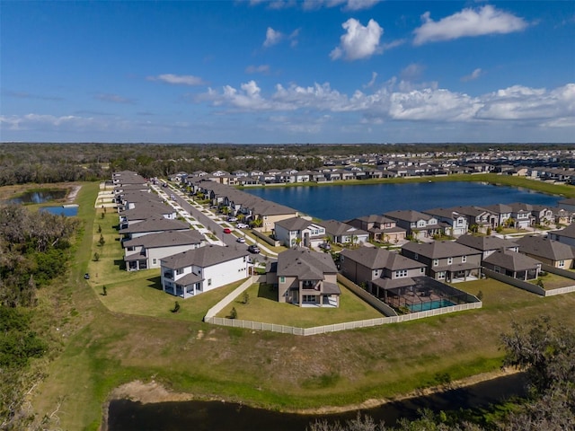 bird's eye view with a water view and a residential view