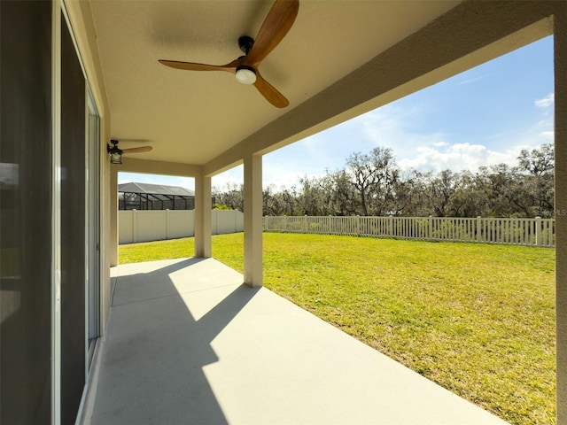 view of patio / terrace featuring ceiling fan and a fenced backyard