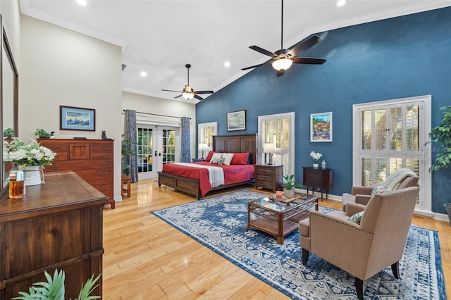 bedroom with access to exterior, french doors, light wood-style flooring, high vaulted ceiling, and baseboards