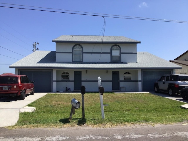 view of property with an attached garage, driveway, and a front lawn