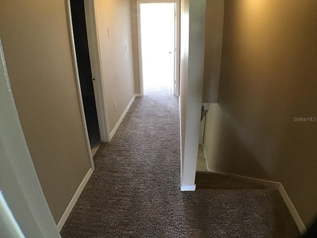 hall featuring carpet flooring and baseboards