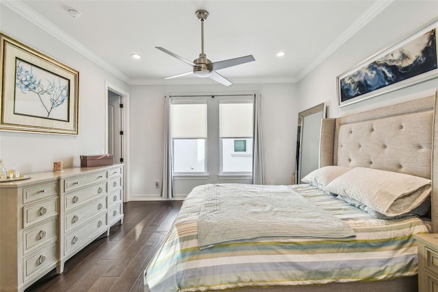 bedroom with ceiling fan, crown molding, and dark hardwood / wood-style flooring