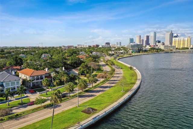 birds eye view of property with a water view