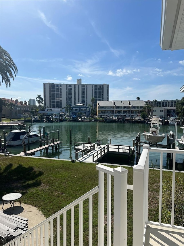 view of water feature with a boat dock