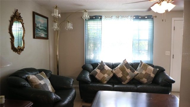 living room with ceiling fan