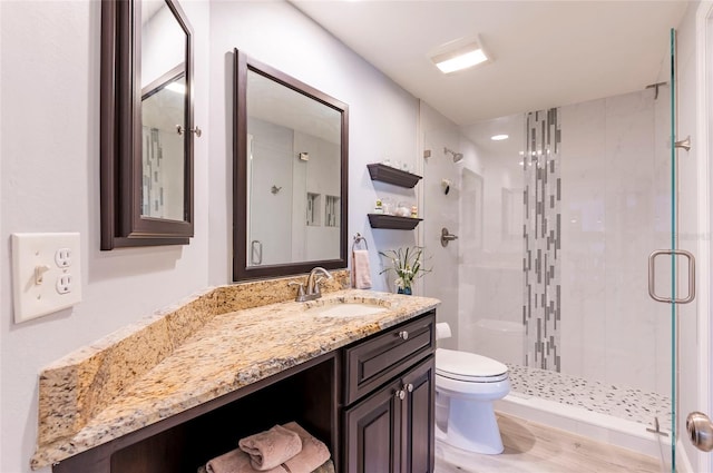 bathroom with a shower stall, toilet, and vanity