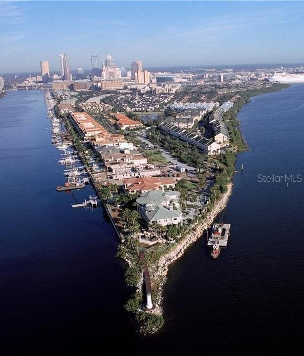 drone / aerial view with a water view and a city view