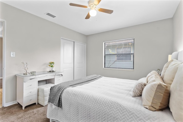 carpeted bedroom with a closet, visible vents, ceiling fan, and baseboards