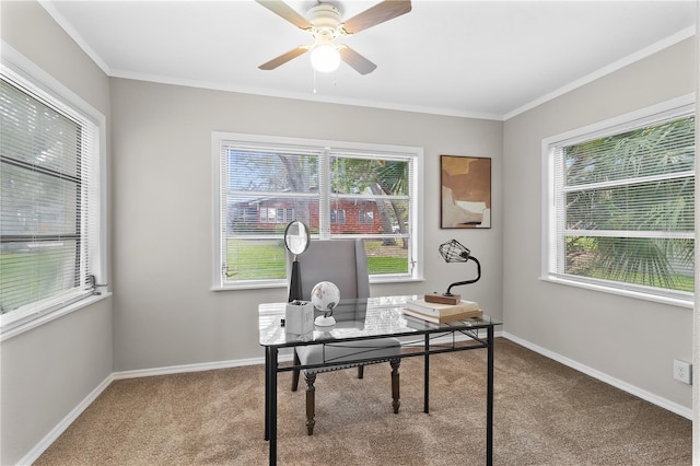 carpeted office space featuring ceiling fan, baseboards, and ornamental molding