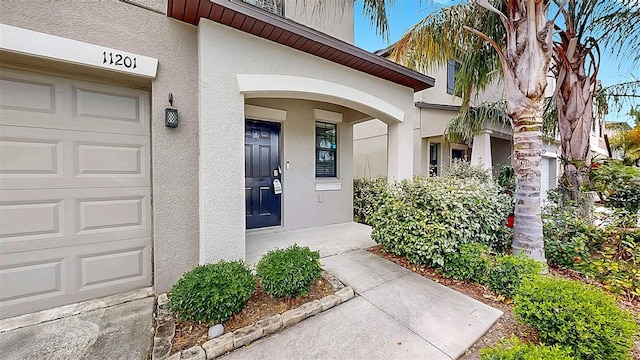 11201 Hudson Hills Ln, Riverview, FL 33579 - property entrance with stucco siding and a garage
