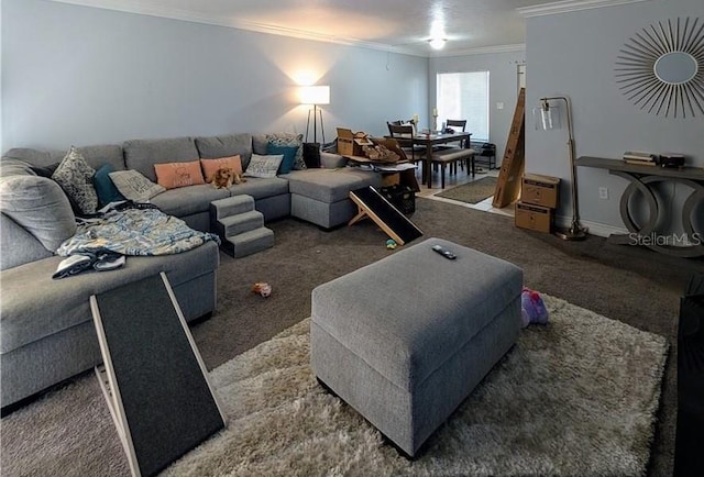 living room featuring dark carpet and crown molding