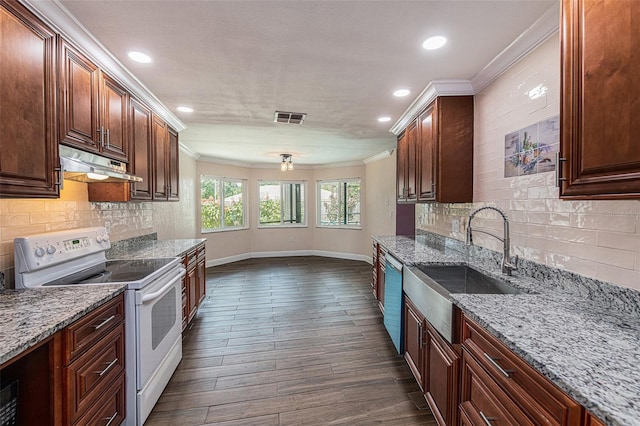 kitchen with white range with electric stovetop, light stone countertops, stainless steel dishwasher, dark wood-type flooring, and crown molding