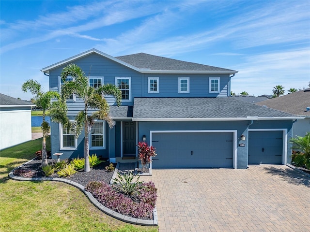 traditional-style house with a garage, a front yard, decorative driveway, and roof with shingles