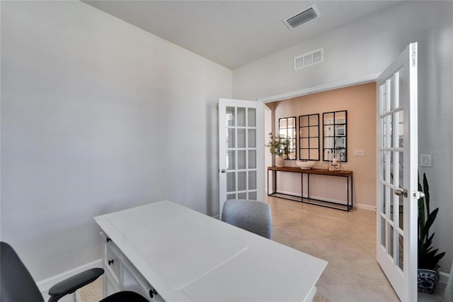 home office with french doors, visible vents, and baseboards