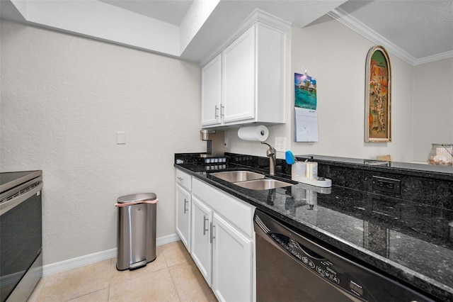 kitchen featuring white cabinets, ornamental molding, sink, black dishwasher, and dark stone countertops