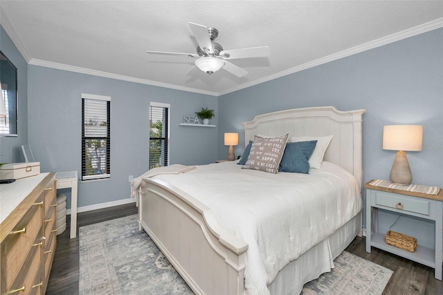 bedroom featuring multiple windows, ornamental molding, dark hardwood / wood-style floors, and ceiling fan