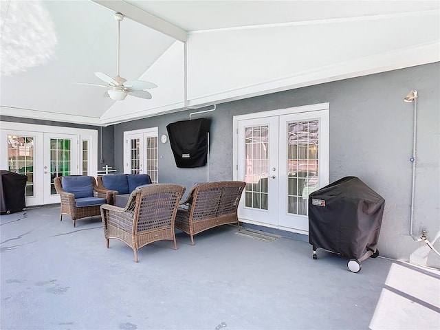 view of patio with french doors, a grill, ceiling fan, and outdoor lounge area