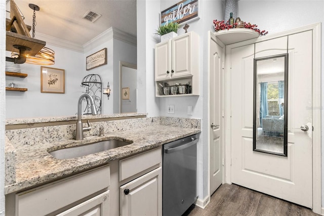 kitchen featuring dishwasher, open shelves, visible vents, and ornamental molding