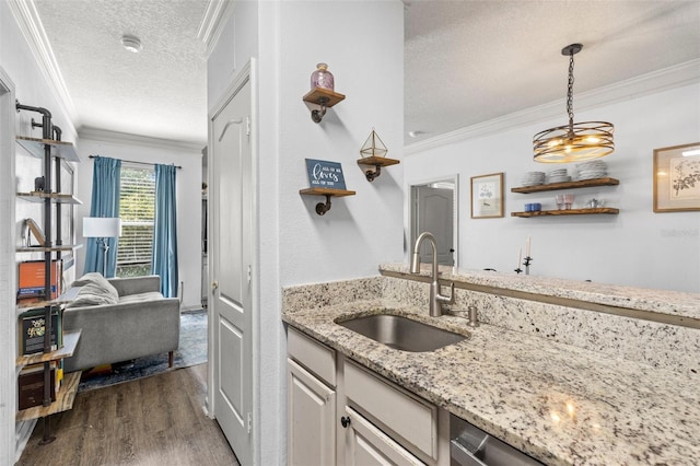 kitchen featuring dark wood-style flooring, ornamental molding, a textured ceiling, and a sink