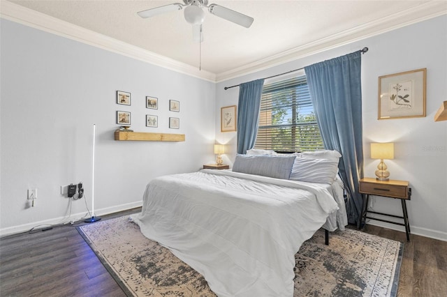 bedroom with a ceiling fan, wood finished floors, baseboards, and ornamental molding