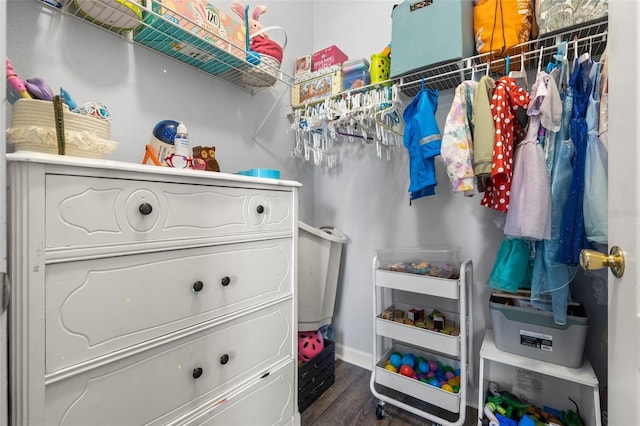 walk in closet featuring dark wood finished floors