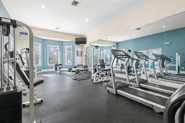 gym with recessed lighting, visible vents, and baseboards