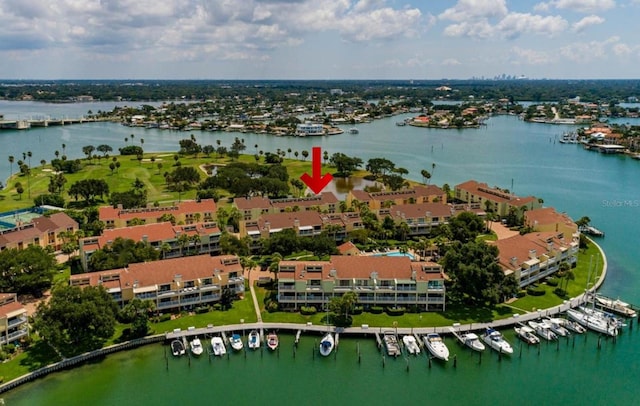 aerial view with a residential view and a water view