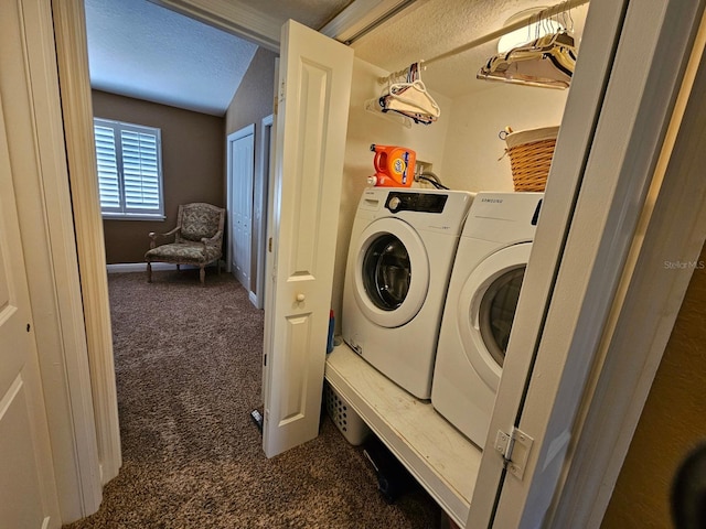 530 Sandy Hook Rd, Treasure Island, FL 33706 - laundry area with baseboards, washer and dryer, laundry area, a textured ceiling, and carpet flooring
