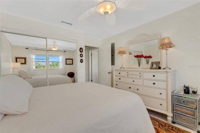 bedroom with a closet, visible vents, and a ceiling fan